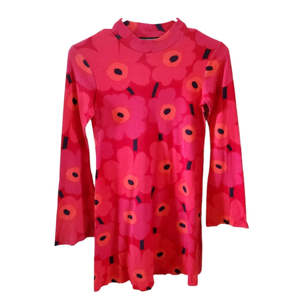 Marimekko Dress Pink Orange Unikko Print Cotton Long Sleeve Girls XL 14